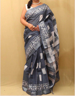 Luxury Silk Printed Hand Batik Handloom Cotton Blend Saree(Grey)