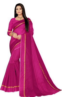 Guru Alankar Striped Bollywood Cotton Blend, Cotton Linen Saree(Pink)