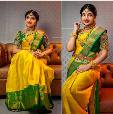 Varda Self Design, Woven Daily Wear Art Silk Saree(Yellow, Green)