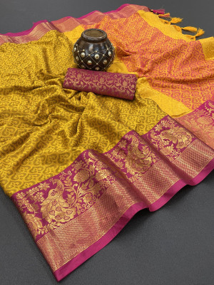 PRANJAL ART Printed Bollywood Jacquard, Art Silk Saree(Yellow, Pink)
