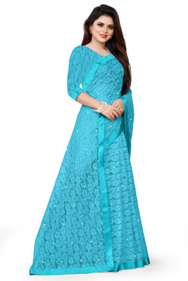 Verviza Embroidered Bollywood Net Saree(Light Blue)