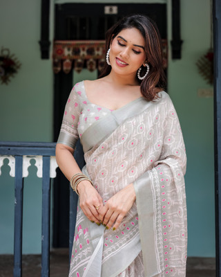 ALMAARI FASHION Printed Bollywood Cotton Linen Saree(Grey)