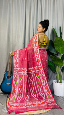 OWALID Embroidered Jamdani Cotton Linen Saree(Multicolor)