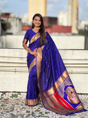ROOP LAVANYA Woven Paithani Jacquard, Pure Silk Saree(Blue, Gold)