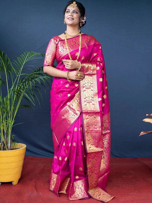 ETHNICHITZ Embellished, Woven Kanjivaram Art Silk, Jacquard Saree(Pink, Gold)