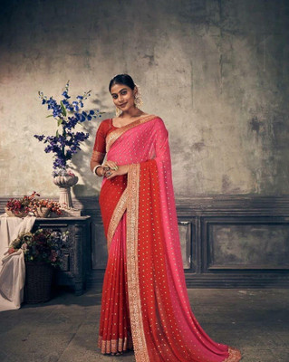 Bansari Textiles Embroidered Bollywood Georgette Saree(Red)