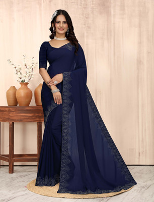 pari creation Solid/Plain, Self Design, Dyed, Applique, Embellished Bollywood Georgette Saree(Blue)