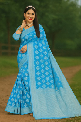 Saadhvi Woven Banarasi Cotton Blend Saree(Light Blue)