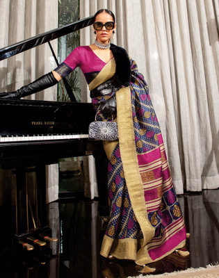 Satrani Floral Print Patola Cotton Silk Saree(Dark Blue)