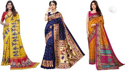 YASHIKA Woven Daily Wear Art Silk Saree(Pack of 3, Yellow, Dark Blue)