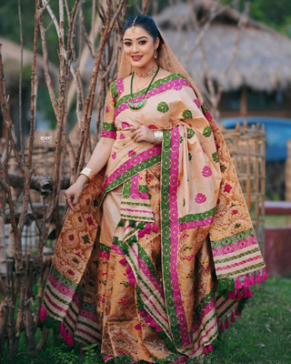 vrajnetic Woven Mekhela Chador Pure Silk Saree(Cream)