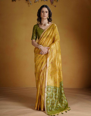 erika Woven Bandhani Cotton Silk Saree(Yellow, Green)