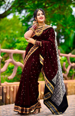 Sijileen Temple Border, Woven, Color Block Sambalpuri Silk Blend Saree(Brown)