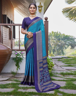 SIRIL Printed Daily Wear Silk Blend Saree(Blue)