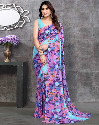 maayro Printed Mysore Georgette Saree(Purple)