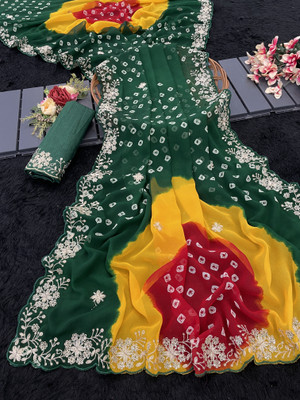 ASTEYAM Embroidered Bandhani Georgette Saree(Green, Multicolor)