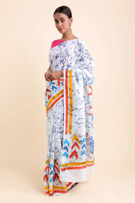Printed Cotton Mulmul Saree Blocked Printed, Checkered, Digital Print, Dyed, Floral Print, Self Design, Printed Daily Wear Pure Cotton Saree(White)