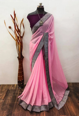Julee Solid/Plain Bollywood Georgette Saree(Pink)