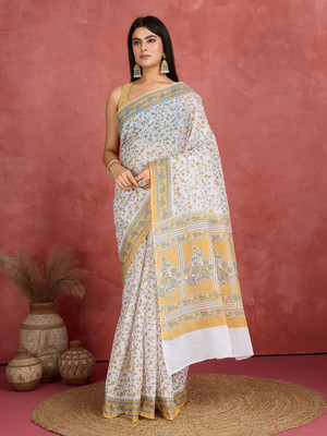 Jevi Prints Floral Print Daily Wear Pure Cotton Saree(Yellow)