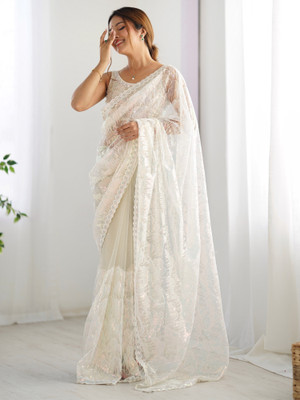 Tasrika Embellished Bollywood Net Saree(White)