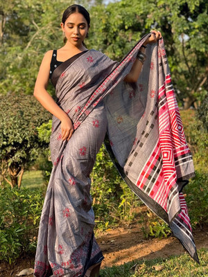 Anouk Rustic Printed Daily Wear Cotton Blend Saree(Grey)