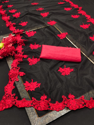 Tirth International Embroidered Bollywood Net Saree(Red)