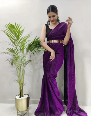 Vragi Solid/Plain Bollywood Lycra Blend Saree(Purple)