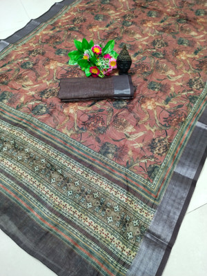 HouseOfCommon Printed Kanjivaram Pure Cotton, Cotton Linen Saree(Brown)