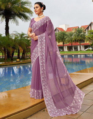 Divastri Dyed, Embroidered, Embellished Bollywood Chiffon Saree(Purple)