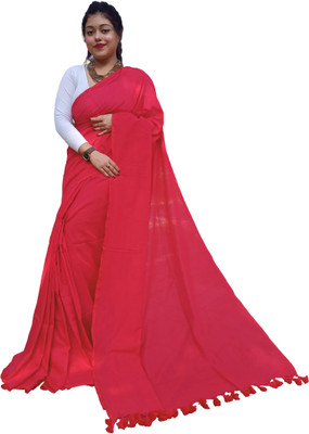 Monde Avenir Solid/Plain Handloom Pure Cotton Saree(Red)