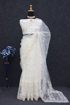 MADHAV Embroidered, Self Design Bollywood Net Saree(White, Cream)