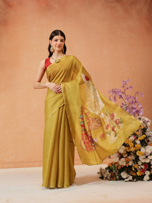 SILK ZONE Digital Print Banarasi Cotton Silk Saree(Mustard)