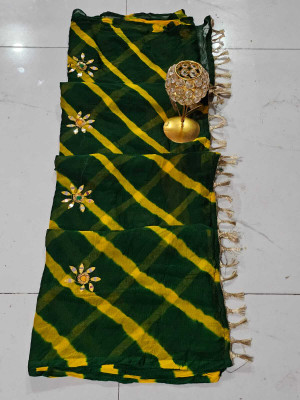 Bl Creation Striped, Printed, Hand Painted, Self Design Leheria Chiffon Saree(Green)