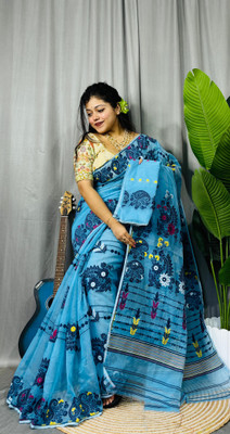 Revival Woven Jamdani Cotton Blend Saree(Light Blue)
