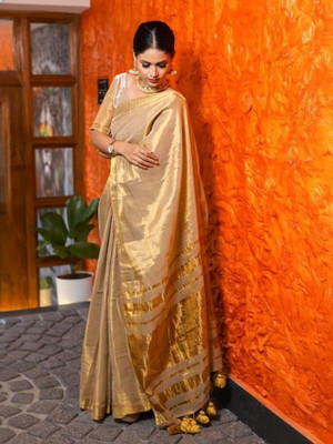 Goswami Fashion Woven Handloom Tissue Saree(Gold, Beige)