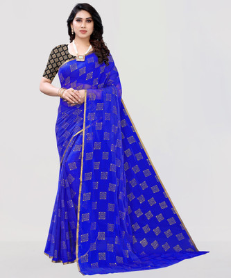 Desi Style Printed Bollywood Net, Chiffon Saree(Dark Blue)