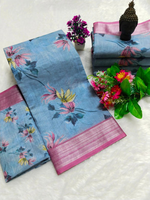HouseOfCommon Printed Kanjivaram Pure Cotton, Cotton Silk Saree(Light Blue, Pink)