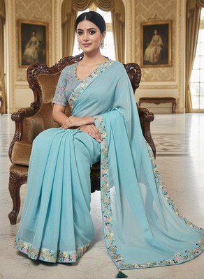 Sariya Embroidered, Embellished Bollywood Georgette Saree(Light Blue)