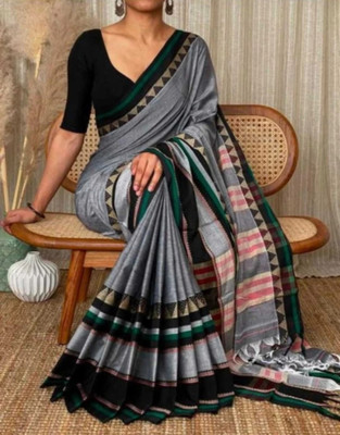 ADbutiq Woven, Self Design Tant Handloom Cotton Blend Saree(White)