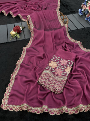 K 5 FASHION Embroidered, Solid/Plain Bollywood Chiffon Saree(Magenta)