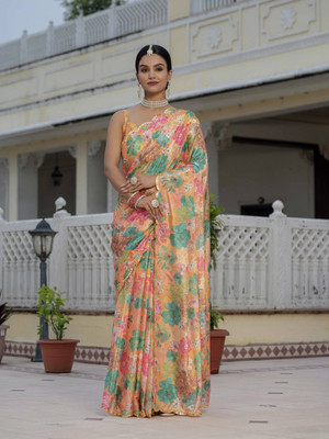 GRANTHI ENTERPRISE Floral Print, Printed Bollywood Chiffon Saree(Yellow)