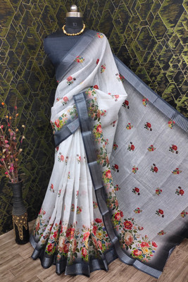 KHANUDI Digital Print Kanjivaram Cotton Linen Saree(White)
