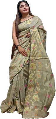 SABITA CUSTOMERY Floral Print Handloom Cotton Silk Saree(Gold)