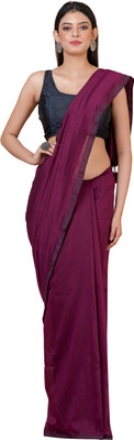 Durga Handlooms Solid/Plain Handloom Cotton Linen Saree(Purple)