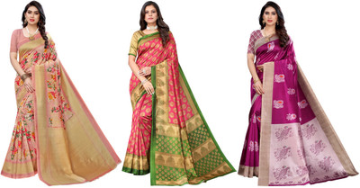 YASHIKA Woven Kasavu Art Silk Saree(Pack of 3, Pink, Purple)