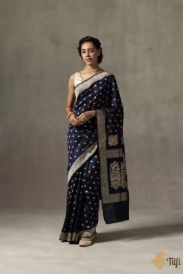 SetuMaalik Embellished, Woven, Self Design, Striped Banarasi Jacquard, Cotton Silk Saree(Dark Blue)