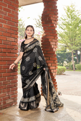 Dhanlaxmi CreationLLP Woven, Temple Border, Printed Bollywood Handloom Cotton Silk Saree(Black)