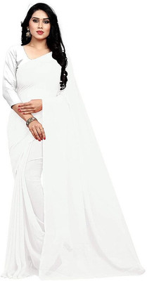Florono enterprise Solid/Plain Bollywood Lycra Blend Saree(White)