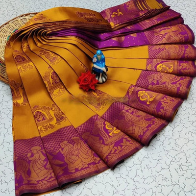 STITCH N SOLUS Woven Banarasi Silk Blend, Pure Silk Saree(Mustard, Purple)