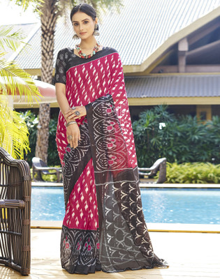 Satrani Printed Ikkat Pure Cotton Saree(Pink, White, Black)